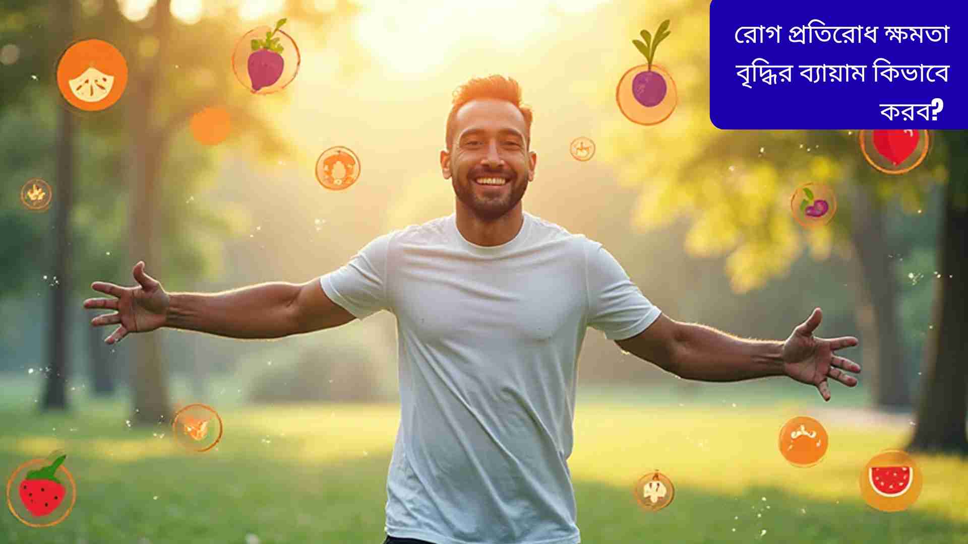 “একজন সুস্থ মানুষ পার্কে ব্যায়াম করছে, হাসছে, পাশে সবজি ও ফলের আইকন, রোগ প্রতিরোধ ক্ষমতা ও ইমিউন সিস্টেম শক্তিশালী করার থিম”