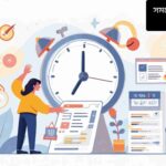 একজন মানুষ সময়কে সঠিকভাবে ব্যবহার করছে, পেছনে একটি বড় ঘড়ি, ক্যালেন্ডার এবং টু-ডু লিস্ট দেখা যাচ্ছে, যা উৎপাদনশীলতা, মনোযোগ এবং জীবনকে সুশৃঙ্খলভাবে পরিচালনার প্রতীক।