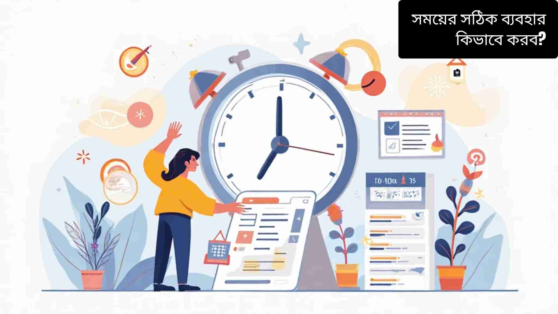 একজন মানুষ সময়কে সঠিকভাবে ব্যবহার করছে, পেছনে একটি বড় ঘড়ি, ক্যালেন্ডার এবং টু-ডু লিস্ট দেখা যাচ্ছে, যা উৎপাদনশীলতা, মনোযোগ এবং জীবনকে সুশৃঙ্খলভাবে পরিচালনার প্রতীক।
