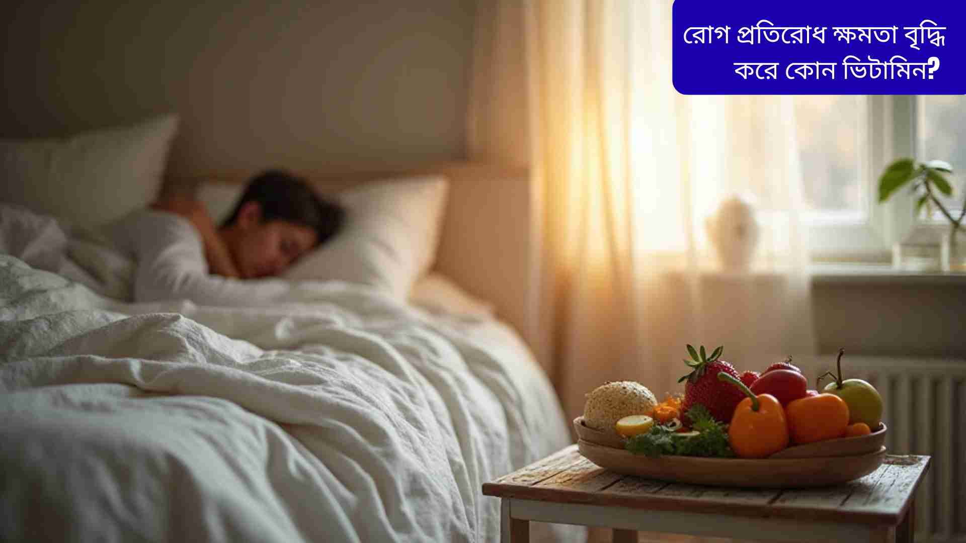 "আরামদায়ক বিছানা, নরম আলো, একটি শান্তভাবে ঘুমাচ্ছে এমন মানুষ এবং পাশে স্বাস্থ্যকর খাবার, ফলমূল ও একটি গ্লাস পানি রাখা টেবিল যা স্বাস্থ্যকর খাদ্যাভ্যাস এবং ভালো ঘুমের অভ্যাসকে প্রদর্শন করে।"