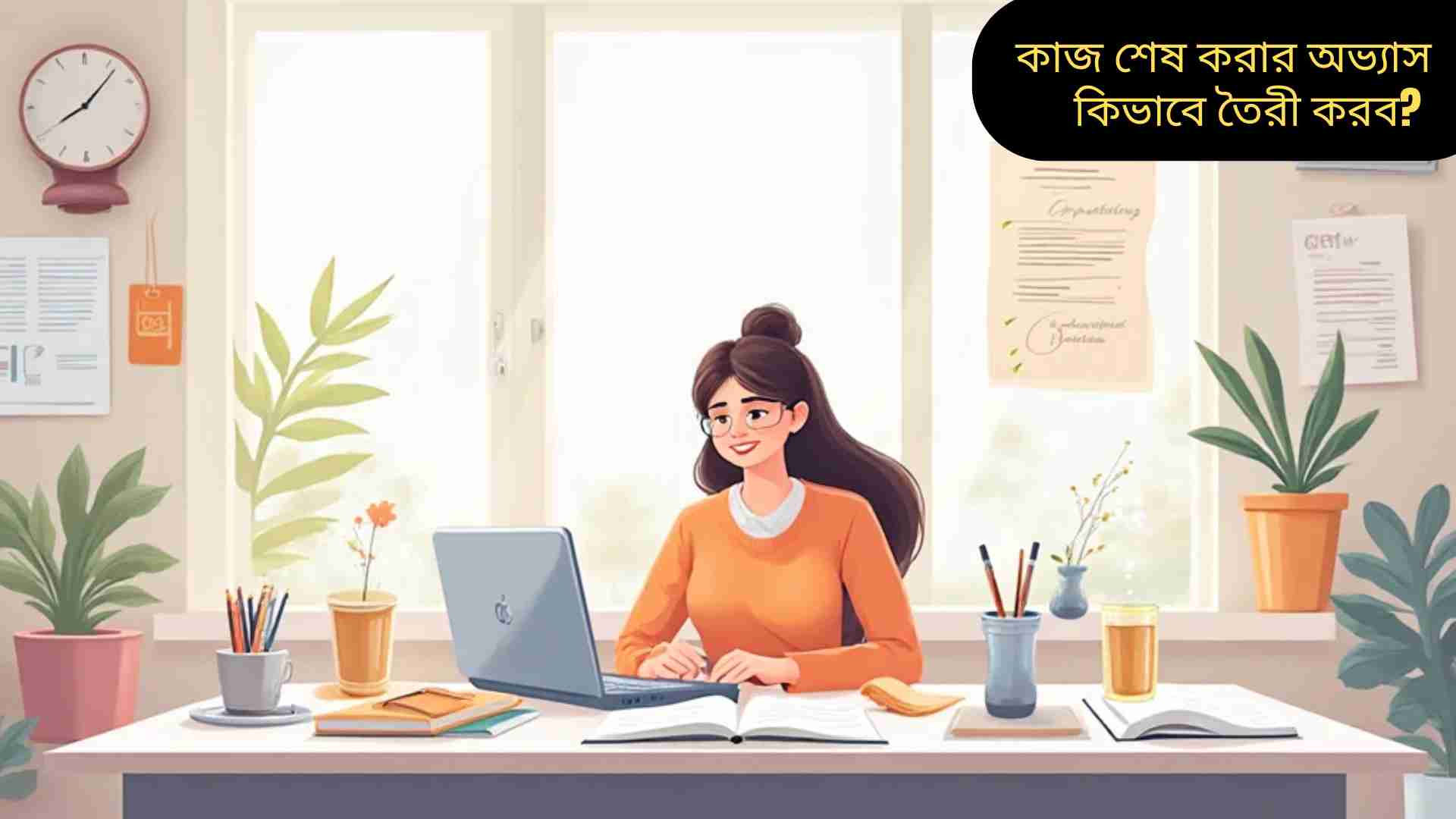 একটি সুসংগঠিত ডেস্কে একজন ব্যক্তি মনোযোগ দিয়ে কাজ সম্পন্ন করছেন, পাশে প্ল্যানার, ল্যাপটপ এবং কফির কাপ।