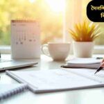 “একটি organized ডেস্কে ল্যাপটপ, নোটবুক, কলম এবং কফির কাপ রয়েছে। একজন মানুষ To-Do লিস্ট লিখছে। এটি দৈনন্দিন প্রোডাক্টিভিটি বাড়ানোর জন্য অনুপ্রেরণামূলক ও মনোযোগ কেন্দ্রীভূত পরিবেশ দেখায়।”