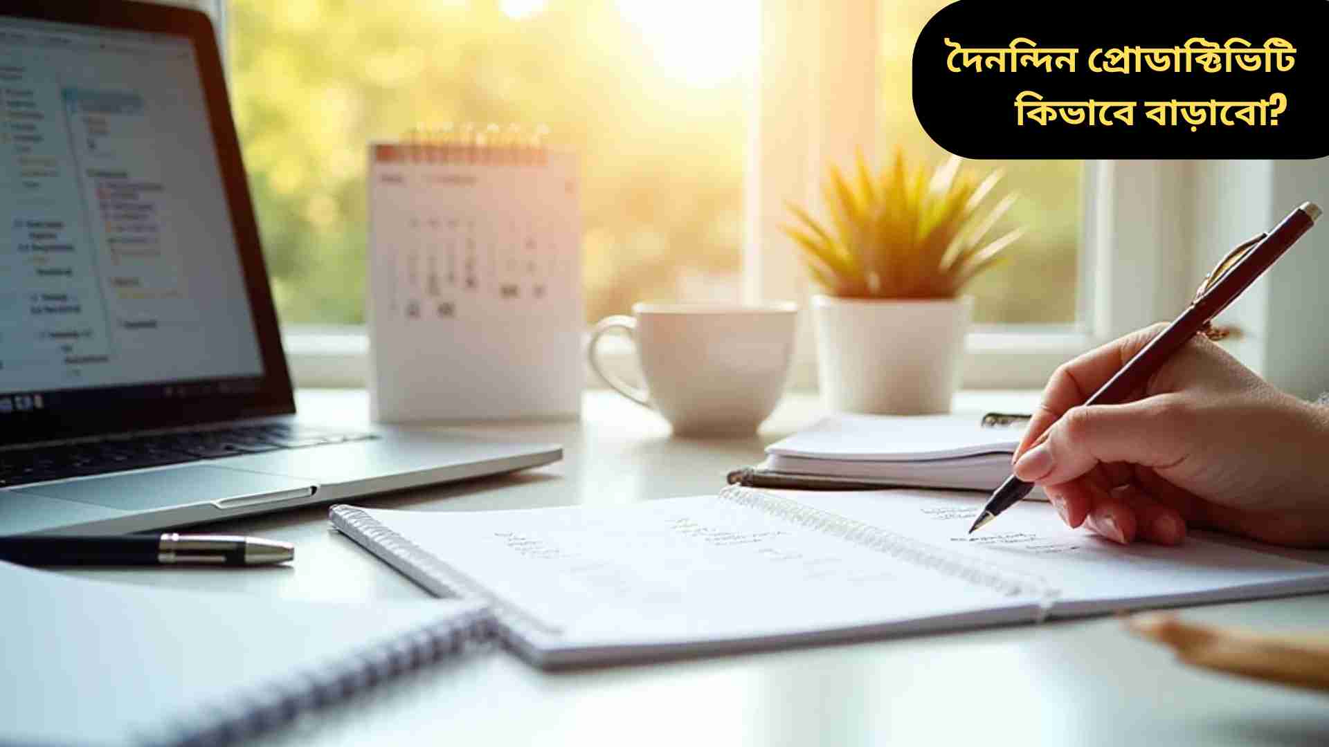 “একটি organized ডেস্কে ল্যাপটপ, নোটবুক, কলম এবং কফির কাপ রয়েছে। একজন মানুষ To-Do লিস্ট লিখছে। এটি দৈনন্দিন প্রোডাক্টিভিটি বাড়ানোর জন্য অনুপ্রেরণামূলক ও মনোযোগ কেন্দ্রীভূত পরিবেশ দেখায়।”