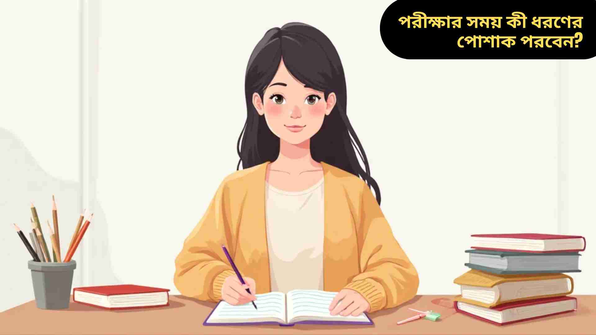 A student preparing for an exam, wearing comfortable, light-colored clothes, sitting at a desk with minimal accessories and supportive shoes, focused on writing in a notebook. The scene highlights comfort, calmness, and readiness for the exam.