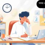একজন মানুষ ডেস্কে বসে মনোযোগ দিয়ে কাজ করছে, চারপাশে সুসজ্জিত পরিবেশ। ডেস্কে ঘড়ি, ল্যাপটপ, নোটবুক এবং টাইম ম্যানেজমেন্ট টুলস রয়েছে, পাশে চা-কাপ এবং ছোট বিরতির জায়গা।