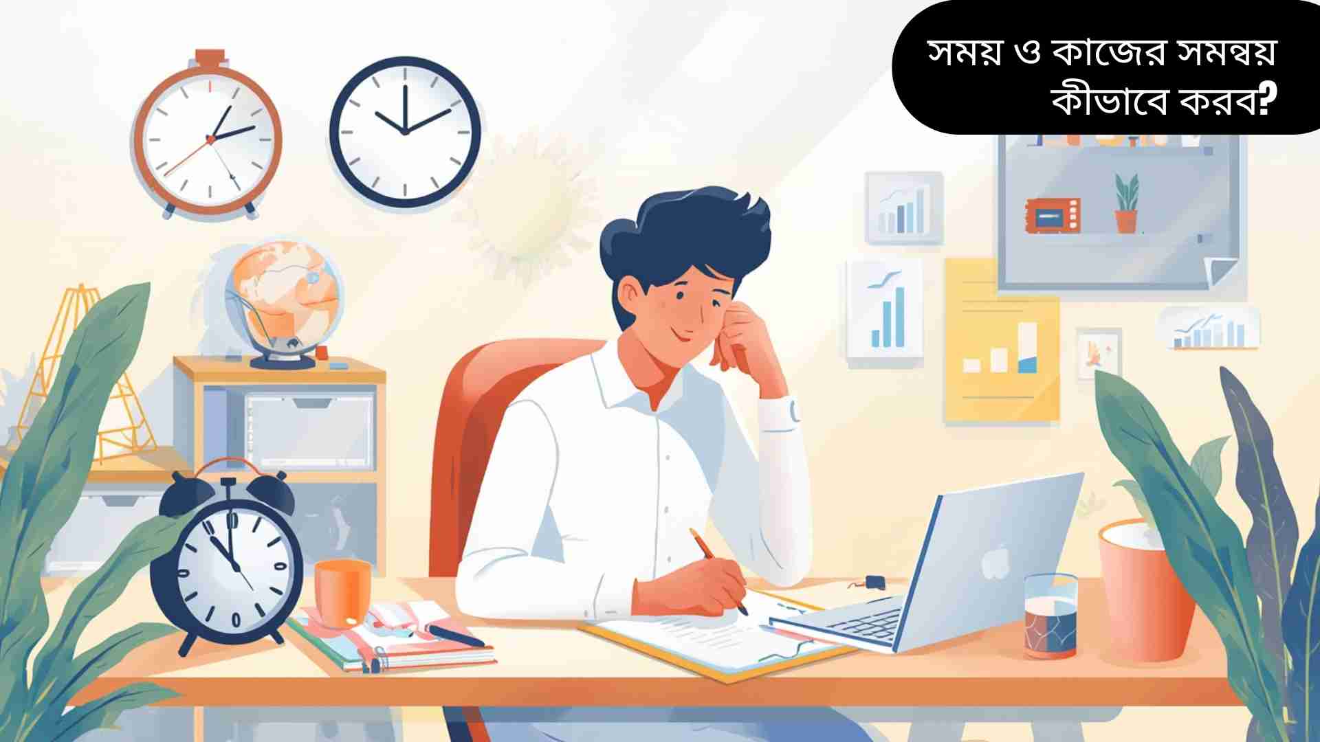 একজন মানুষ ডেস্কে বসে মনোযোগ দিয়ে কাজ করছে, চারপাশে সুসজ্জিত পরিবেশ। ডেস্কে ঘড়ি, ল্যাপটপ, নোটবুক এবং টাইম ম্যানেজমেন্ট টুলস রয়েছে, পাশে চা-কাপ এবং ছোট বিরতির জায়গা।