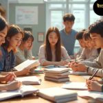 “একটি উচ্ছ্বসিত শিশু একটি উজ্জ্বল পড়ার ডেস্কে বসে ইংরেজি গল্পের বই পড়ছে, চারপাশে রঙিন বই, পেন্সিল এবং উড়ন্ত ইংরেজি অক্ষর, যা শেখা ও পড়ার অনুশীলনকে প্রতিফলিত করছে।”