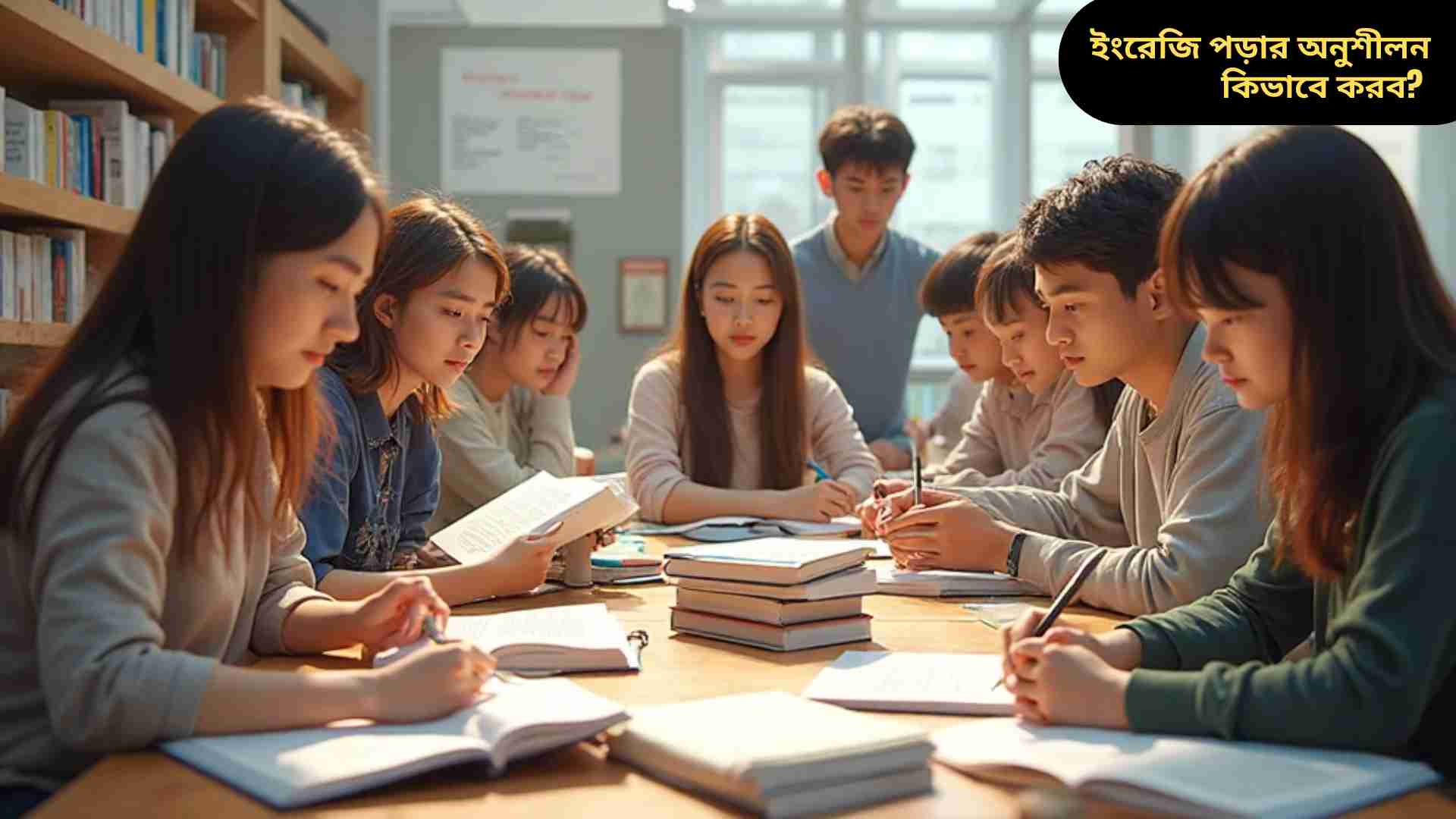 “একটি উচ্ছ্বসিত শিশু একটি উজ্জ্বল পড়ার ডেস্কে বসে ইংরেজি গল্পের বই পড়ছে, চারপাশে রঙিন বই, পেন্সিল এবং উড়ন্ত ইংরেজি অক্ষর, যা শেখা ও পড়ার অনুশীলনকে প্রতিফলিত করছে।”