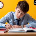 একজন শিক্ষার্থী বই ও নোট নিয়ে পড়াশোনা করছে, ঘড়ির পাশে সময় মেপে, এসএসসি পরীক্ষার জন্য প্রস্তুতি নিচ্ছে।