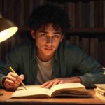 "একজন ছাত্র এসএসসি পরীক্ষার জন্য পড়াশোনা করছে, চারপাশে বই, নোটবুক এবং ঘড়ি রয়েছে, পড়াশোনার কার্যকর টিপস প্রদর্শিত হয়েছে।"