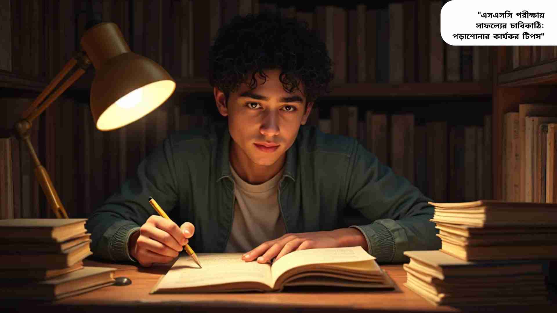 "একজন ছাত্র এসএসসি পরীক্ষার জন্য পড়াশোনা করছে, চারপাশে বই, নোটবুক এবং ঘড়ি রয়েছে, পড়াশোনার কার্যকর টিপস প্রদর্শিত হয়েছে।"