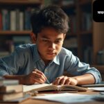 "SSC পরীক্ষার প্রস্তুতি নিচ্ছে একটি শিক্ষার্থী, ডেস্কে বই, নোটবুক ও ল্যাপটপ সাজানো, মনোযোগী এবং পরিকল্পিত পড়াশোনার পরিবেশ।"