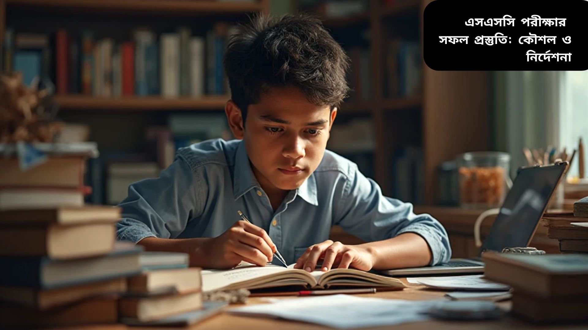 "SSC পরীক্ষার প্রস্তুতি নিচ্ছে একটি শিক্ষার্থী, ডেস্কে বই, নোটবুক ও ল্যাপটপ সাজানো, মনোযোগী এবং পরিকল্পিত পড়াশোনার পরিবেশ।"