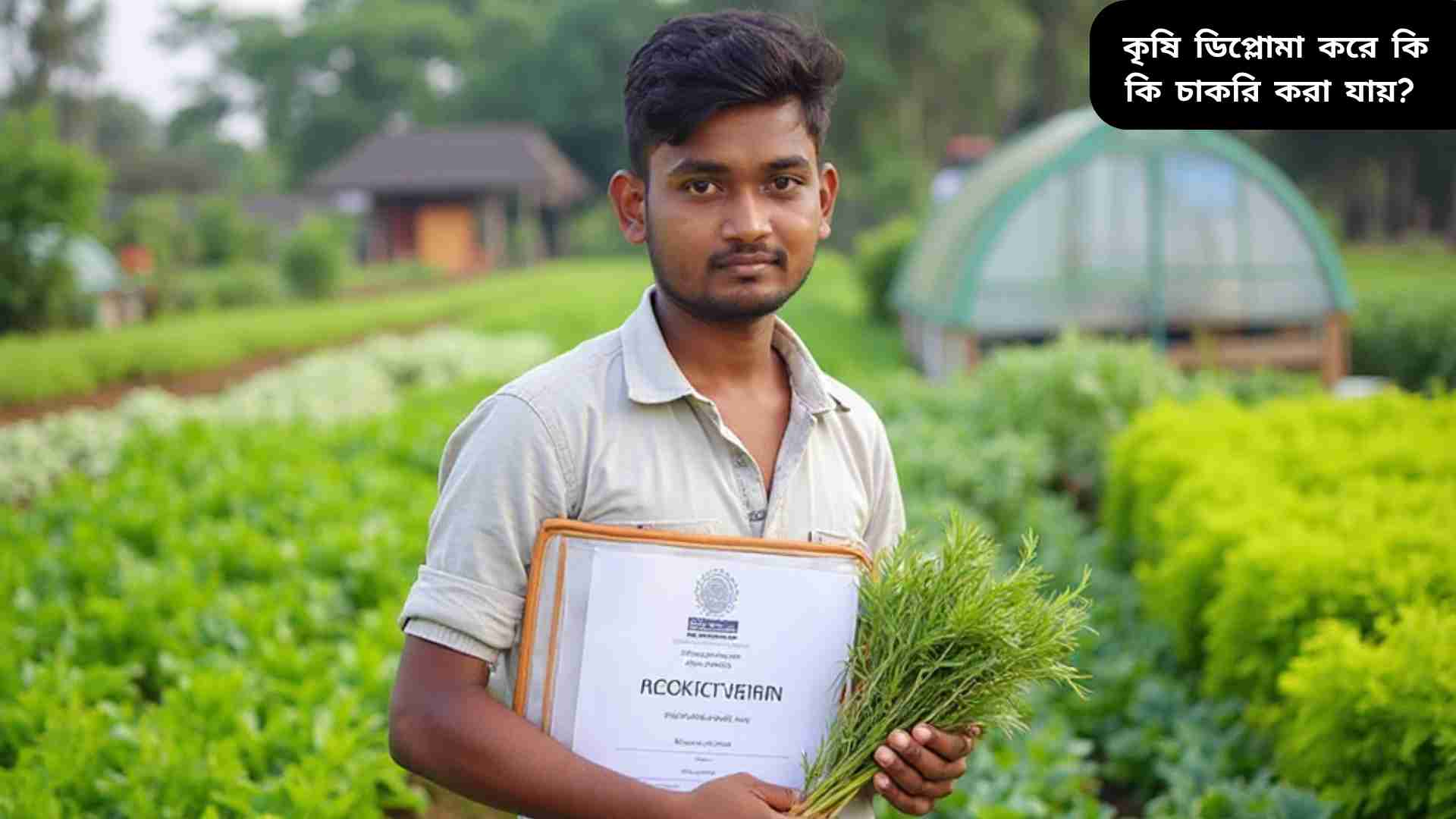 "একজন কৃষি ডিপ্লোমাধারী শিক্ষার্থী হাতে ডিপ্লোমা নিয়ে সবুজ ফসলের মাঠে দাঁড়িয়ে আছেন, পেছনে আধুনিক কৃষি সরঞ্জাম ও ছোট গ্রীনহাউস।"