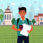 কৃষি ডিপ্লোমা শিক্ষার্থী বিদেশে স্কলারশিপ পাওয়ার জন্য বিশ্ববিদ্যালয়ের সামনে দাঁড়িয়ে আছে, হাতে পাসপোর্ট ও নথিপত্র, পেছনে সবুজ ক্ষেত্র ও বিভিন্ন দেশের পতাকা।