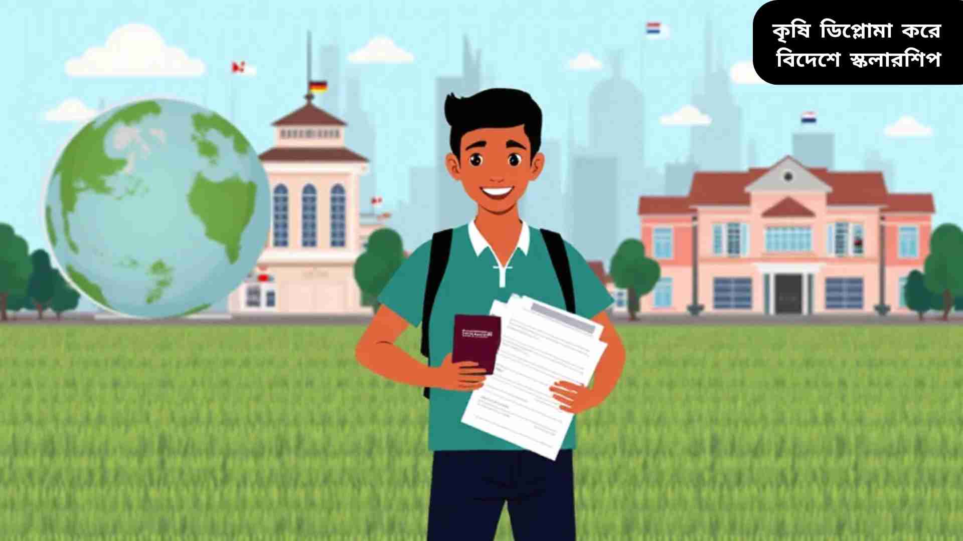 কৃষি ডিপ্লোমা শিক্ষার্থী বিদেশে স্কলারশিপ পাওয়ার জন্য বিশ্ববিদ্যালয়ের সামনে দাঁড়িয়ে আছে, হাতে পাসপোর্ট ও নথিপত্র, পেছনে সবুজ ক্ষেত্র ও বিভিন্ন দেশের পতাকা।