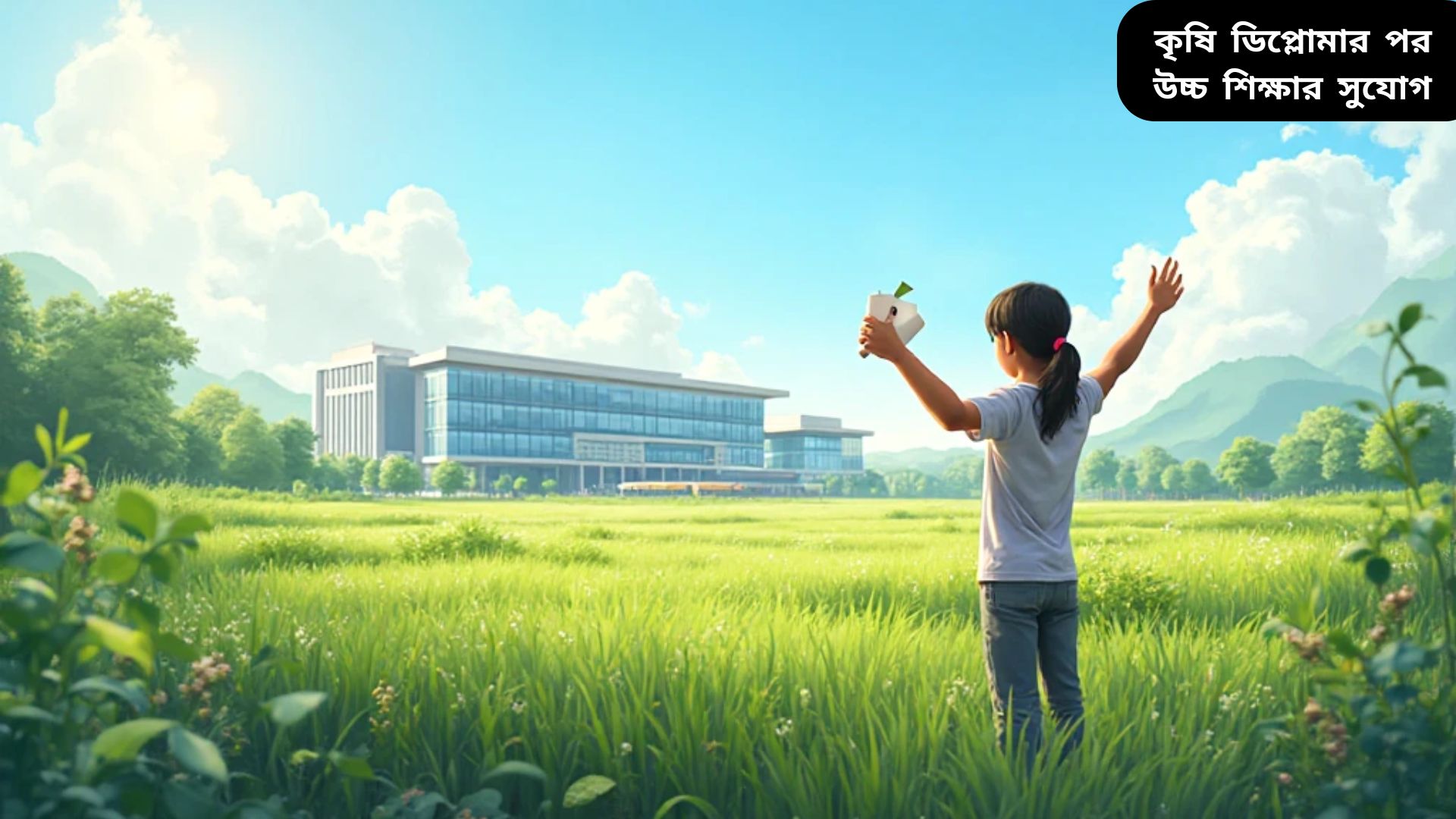 "একজন বাংলাদেশি কৃষি শিক্ষার্থী সবুজ মাঠে ডিপ্লোমা হাতে ধরে, পেছনে বিশ্ববিদ্যালয়, যা উচ্চ শিক্ষার সুযোগ নির্দেশ করে।"