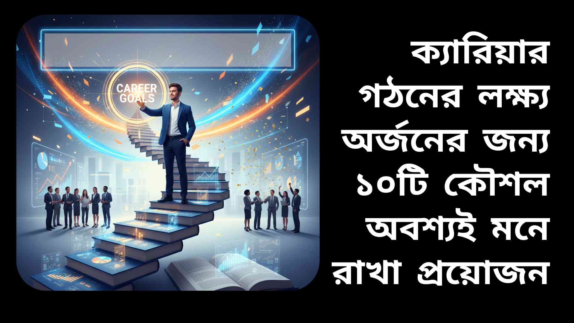 একজন তরুণ পেশাজীবী বই ও চার্টের সিঁড়িতে দাঁড়িয়ে ক্যারিয়ার লক্ষ্য অর্জনের দিকে এগোচ্ছে।