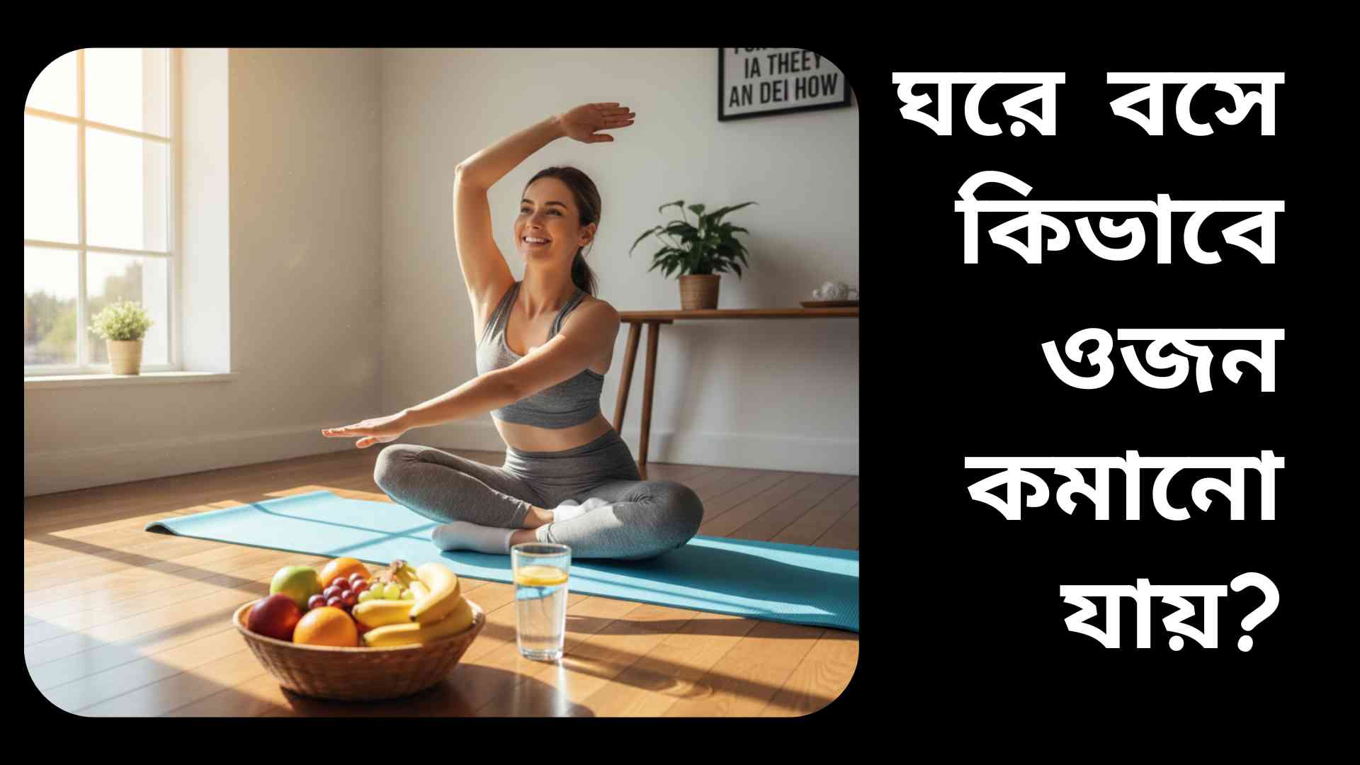 ঘরে বসে ওজন কমানোর জন্য হালকা ব্যায়াম, ফল এবং পানি সহ স্বাস্থ্যকর দৃশ্য