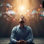 একজন মানুষ চোখ বন্ধ করে ধ্যানমগ্ন অবস্থায় বসে আছেন, চারপাশে রঙিন আলোর ছটা ও সাফল্যের প্রতীকী দৃশ্য যেমন পাহাড়, বই, ও ভবিষ্যতের পথ দেখা যাচ্ছে — যা চিত্রায়ন বা ভিজ্যুয়ালাইজেশনের শক্তিকে বোঝায়।