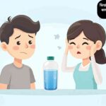 "শিশু বা প্রাপ্তবয়স্ক মাথাব্যথা অনুভব করছে, পাশে পানি বোতল, ডিহাইড্রেশন ও মস্তিষ্কের কার্যক্ষমতা বোঝাচ্ছে"