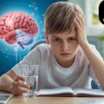 একজন ব্যক্তি ডেস্কে বসে আছে, মুখে ক্লান্তির ছাপ, পাশে পানি বোতল। ছবিটি ডিহাইড্রেশনের কারণে মস্তিষ্কের কার্যক্ষমতা কমে যাওয়া, মনোযোগের অভাব এবং মানসিক ক্লান্তি প্রদর্শন করছে।