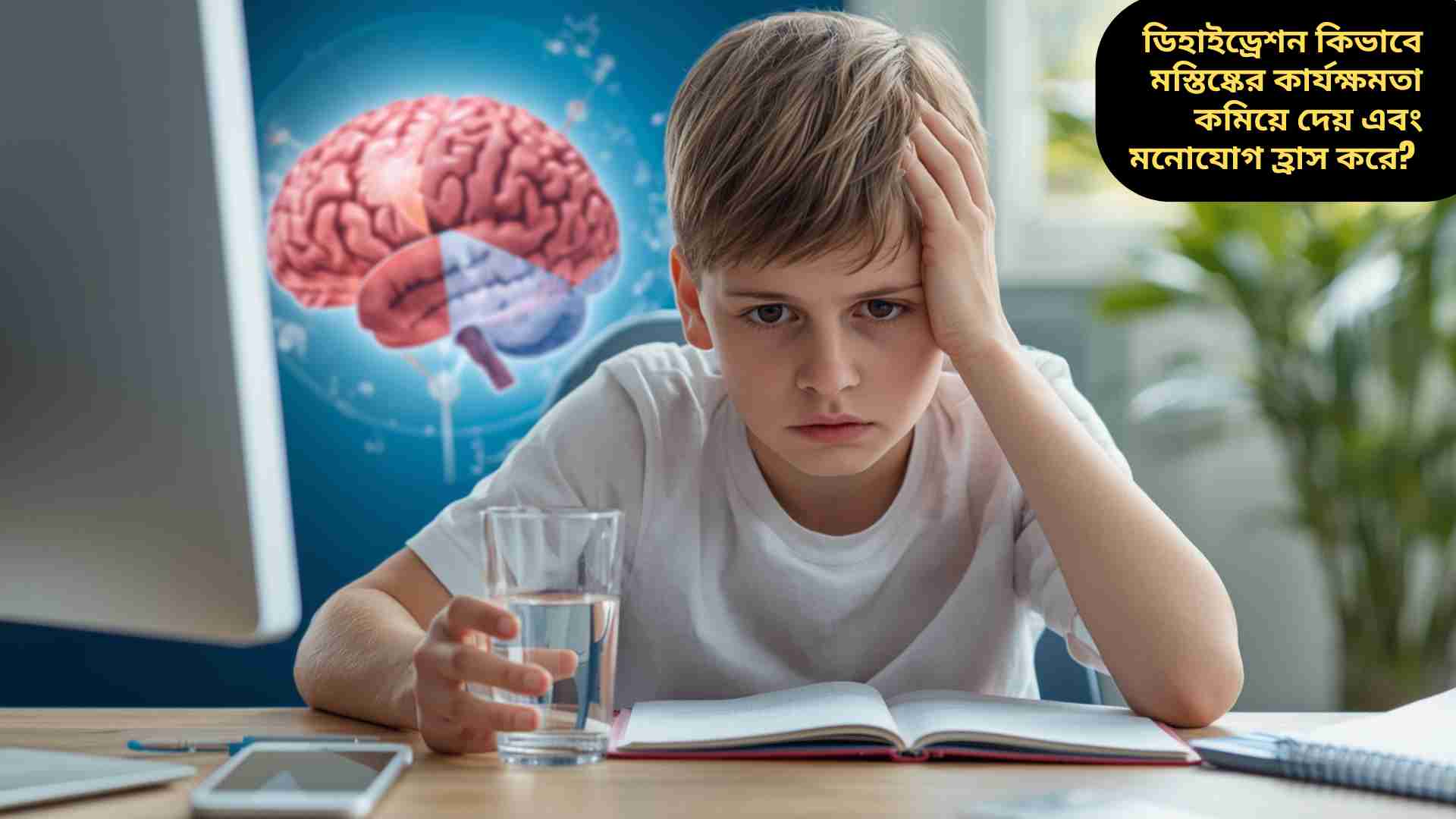 একজন ব্যক্তি ডেস্কে বসে আছে, মুখে ক্লান্তির ছাপ, পাশে পানি বোতল। ছবিটি ডিহাইড্রেশনের কারণে মস্তিষ্কের কার্যক্ষমতা কমে যাওয়া, মনোযোগের অভাব এবং মানসিক ক্লান্তি প্রদর্শন করছে।