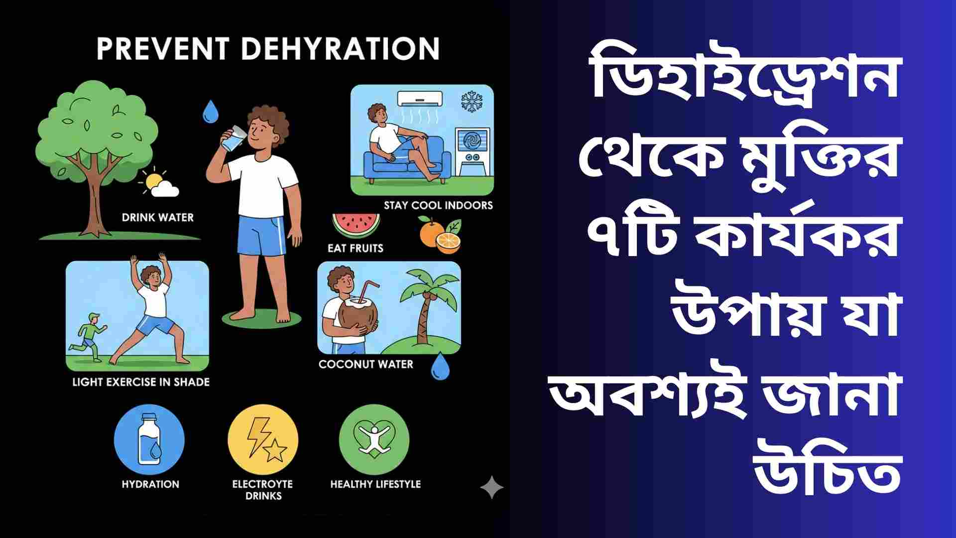 "একজন ব্যক্তি পানি পান করছে, ফলমূল এবং নারকেল পানি খাচ্ছে, এবং সুস্থ জীবনযাপন চর্চা করছে ডিহাইড্রেশন প্রতিরোধ করার জন্য।"