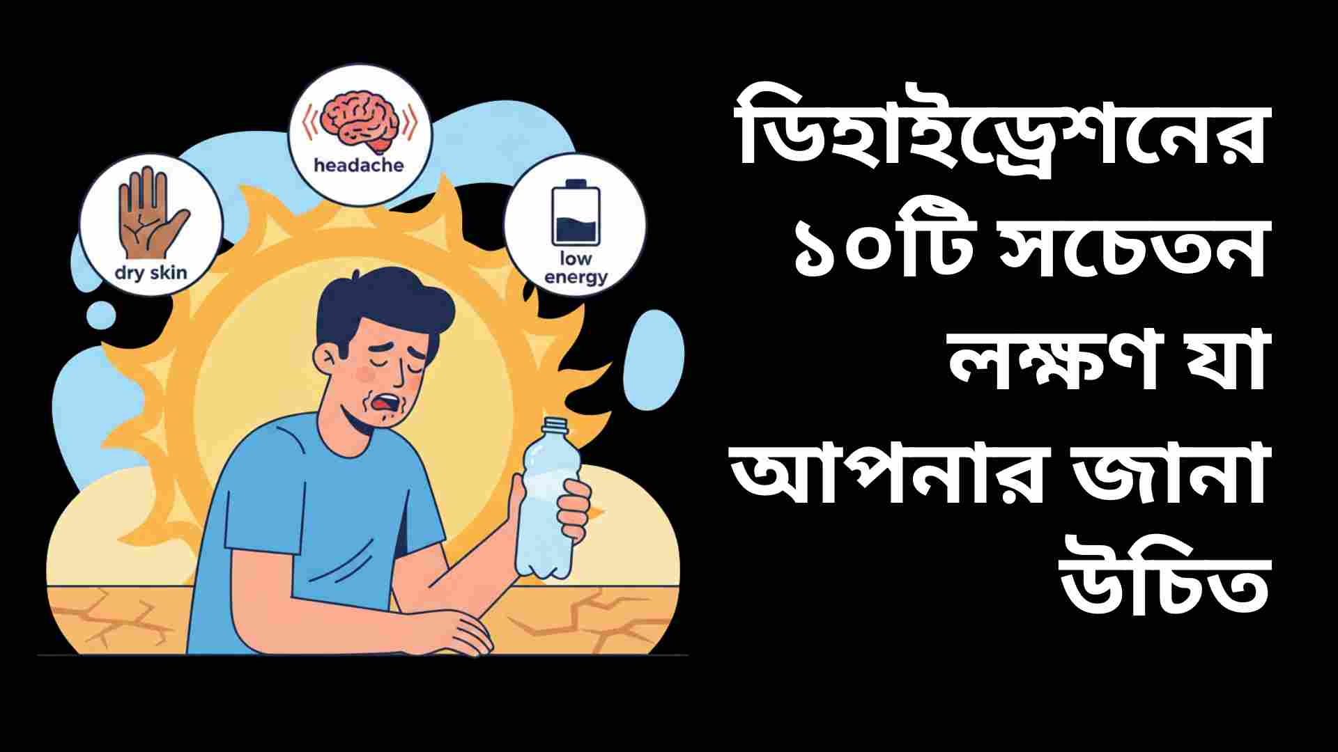 "একজন ব্যক্তি তৃষ্ণার্ত ও ক্লান্ত দেখাচ্ছে, শুষ্ক ত্বক, মাথাব্যথা ও কম শক্তি-এর চিহ্ন সহ, পাশে একটি পানি বোতল।"