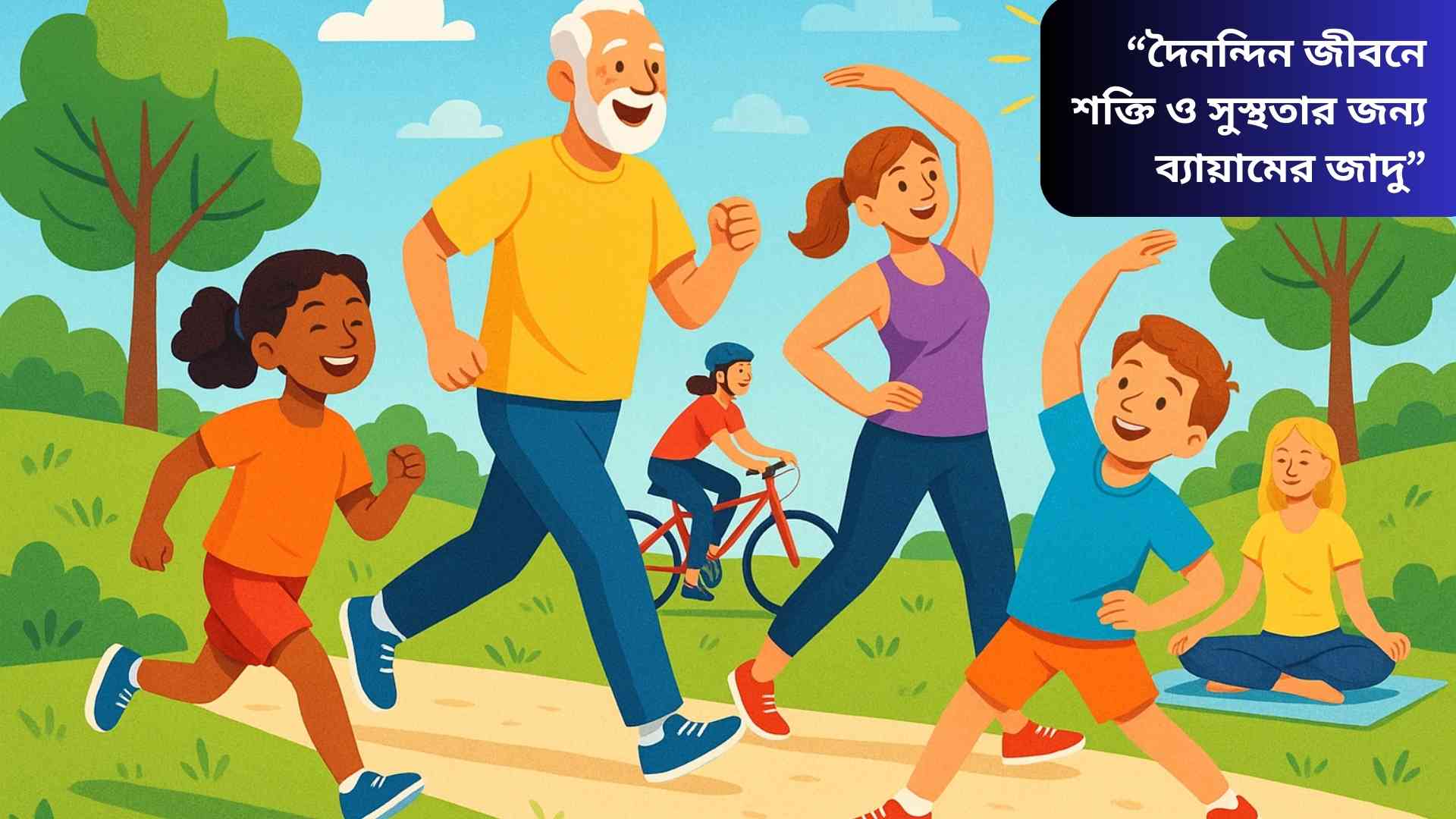 দৈনন্দিন জীবনে শক্তি ও সুস্থতার জন্য মানুষ বিভিন্ন ধরনের ব্যায়াম করছে, যেমন হাঁটা, যোগব্যায়াম, সাইক্লিং ও স্ট্রেচিং, সুস্থ ও আনন্দময় পরিবেশে।