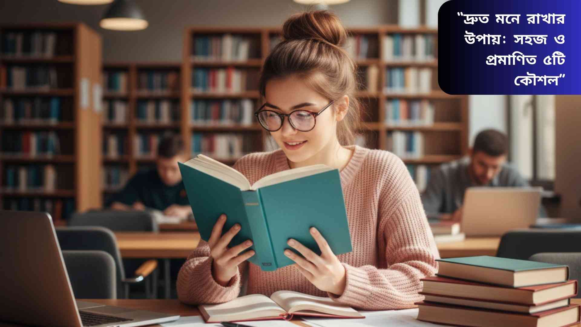 "একজন ছাত্র বই, নোট, মানচিত্র এবং চার্ট নিয়ে শেখার সময় স্মৃতিশক্তি বাড়াচ্ছে। মস্তিষ্কের উপরে লাইটবাল্ব আইকন, ফ্ল্যাশকার্ড এবং মাইন্ড ম্যাপের চিত্র।"