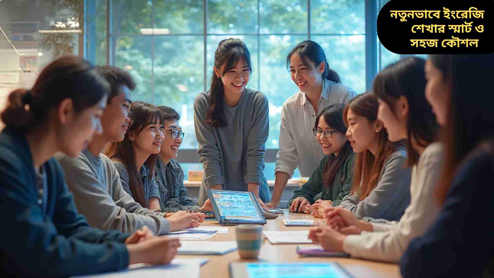 স্মার্ট এবং সহজ ইংরেজি শেখার কৌশল প্রদর্শন করে একটি চিত্র, যেখানে একজন ব্যক্তি দৈনন্দিন ইংরেজি চর্চা করছে, ফ্ল্যাশকার্ড ব্যবহার করছে, Duolingo-এর মতো অ্যাপ ব্যবহার করছে এবং আয়নার সামনে আত্মবিশ্বাসের সঙ্গে কথা বলছে। রঙিন ভিজ্যুয়াল, শব্দভান্ডার বৃদ্ধি, মজার শেখার খেলা এবং দৈনন্দিন জীবনে ইংরেজি ব্যবহার দেখাচ্ছে।