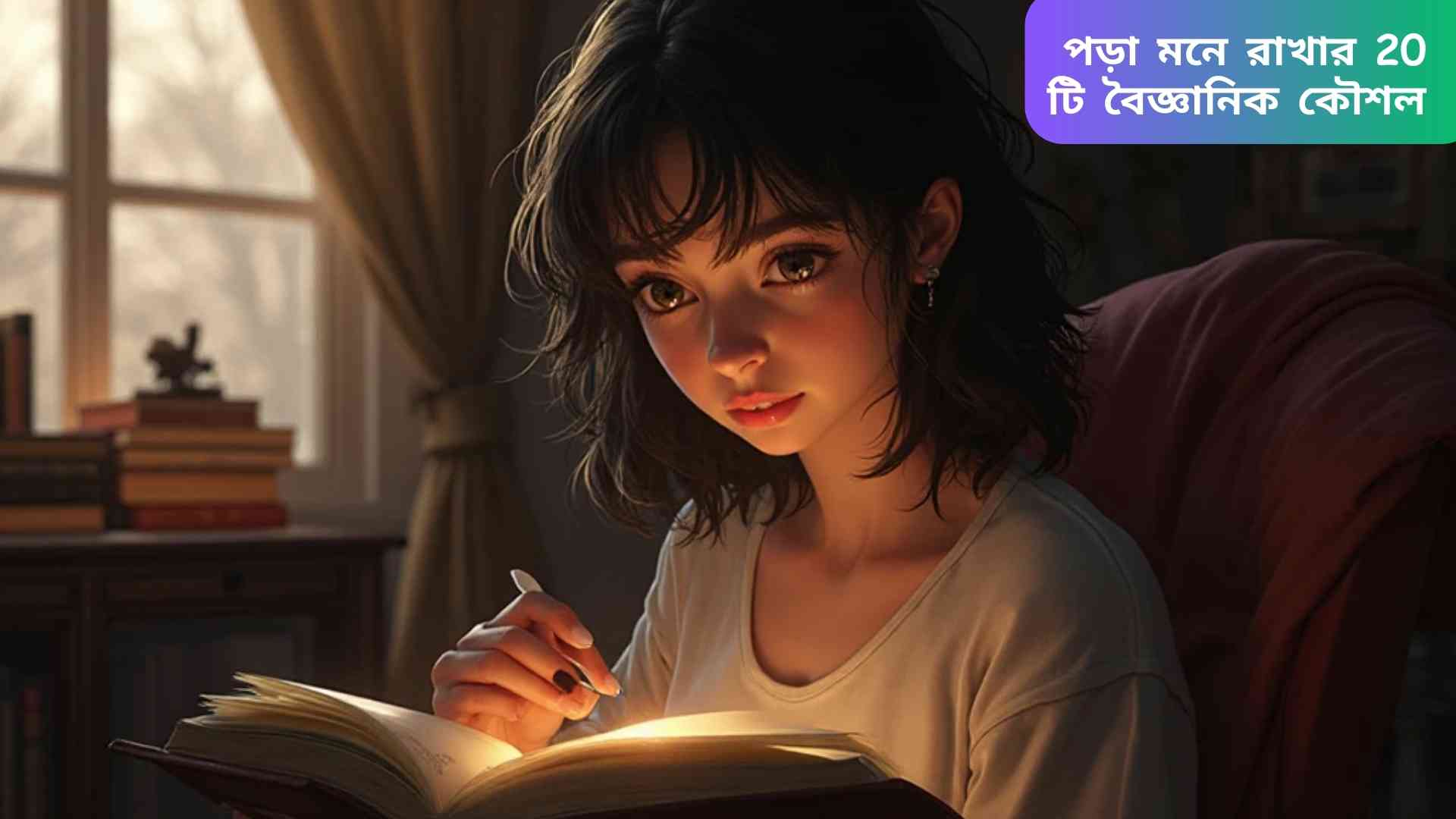 "ছাত্র পড়াশোনার ডেস্কে বই, ল্যাপটপ, colorful sticky notes, নোটবুক ও মাইন্ড ম্যাপ নিয়ে সক্রিয়ভাবে পড়াশোনা করছে। স্মৃতি এবং শিক্ষণ কৌশল প্রদর্শিত।"