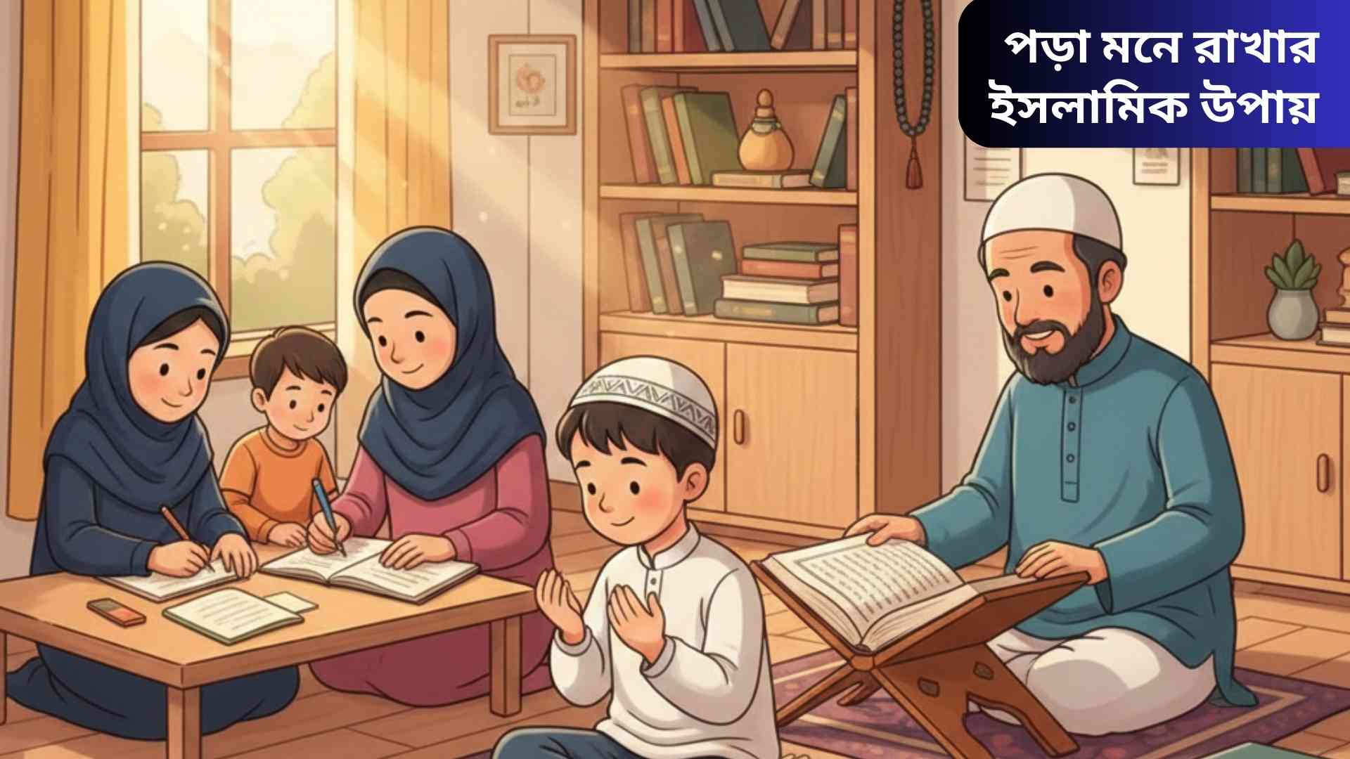 শিশু ও বড়রা শান্ত পরিবেশে বই পড়ছে, এক পাশে কোরআন এবং নামাজের প্রসঙ্গ, মনোযোগ এবং স্মৃতিশক্তি বৃদ্ধি পেতে আল্লাহর সাহায্য প্রার্থনা করছে।