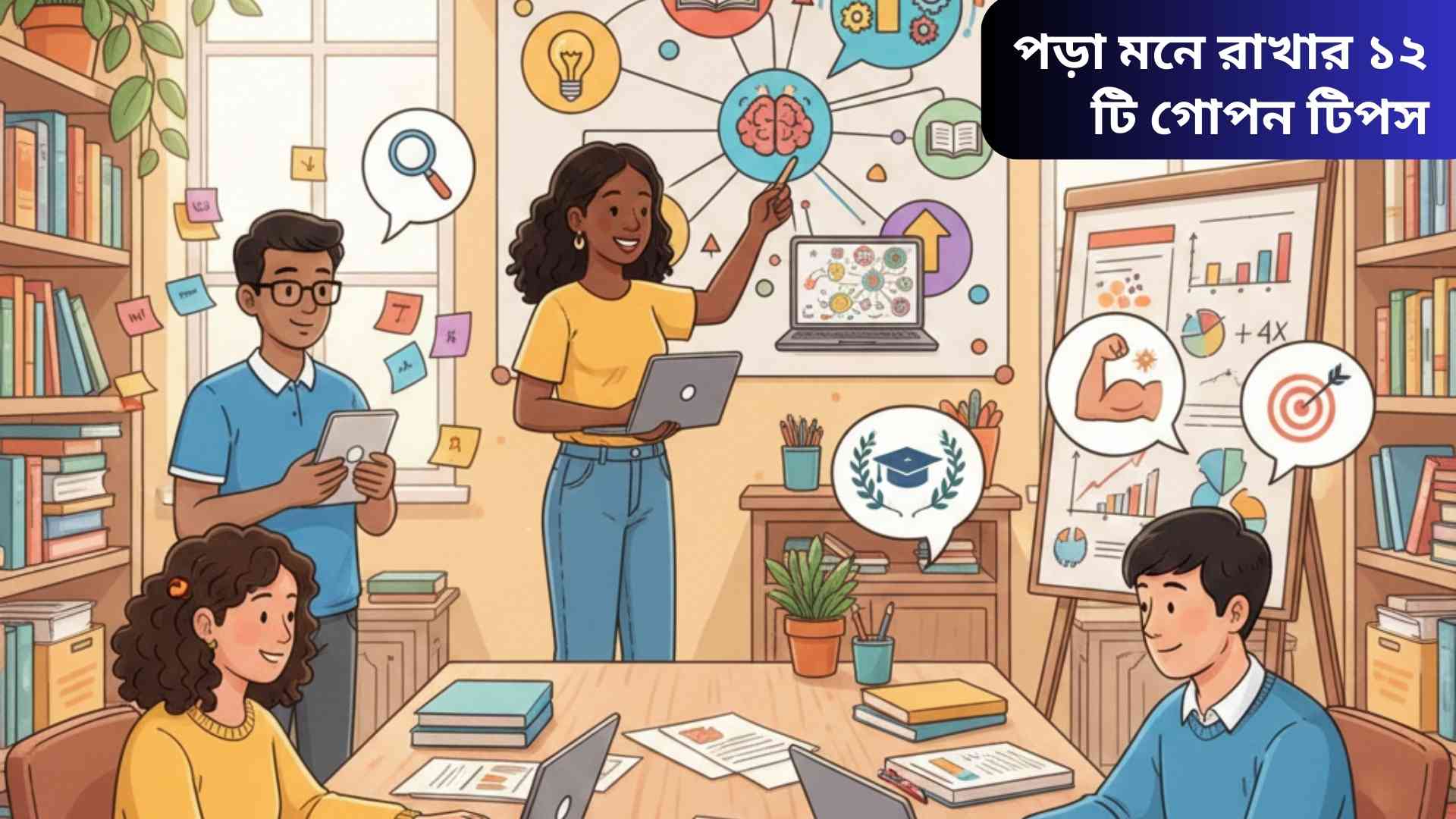 শিক্ষার্থীরা বই, নোট ও চার্ট নিয়ে পড়াশোনা করছে, মনোযোগ এবং স্মৃতিশক্তি বৃদ্ধি করতে বিভিন্ন পড়াশোনার কৌশল ব্যবহার করছে।