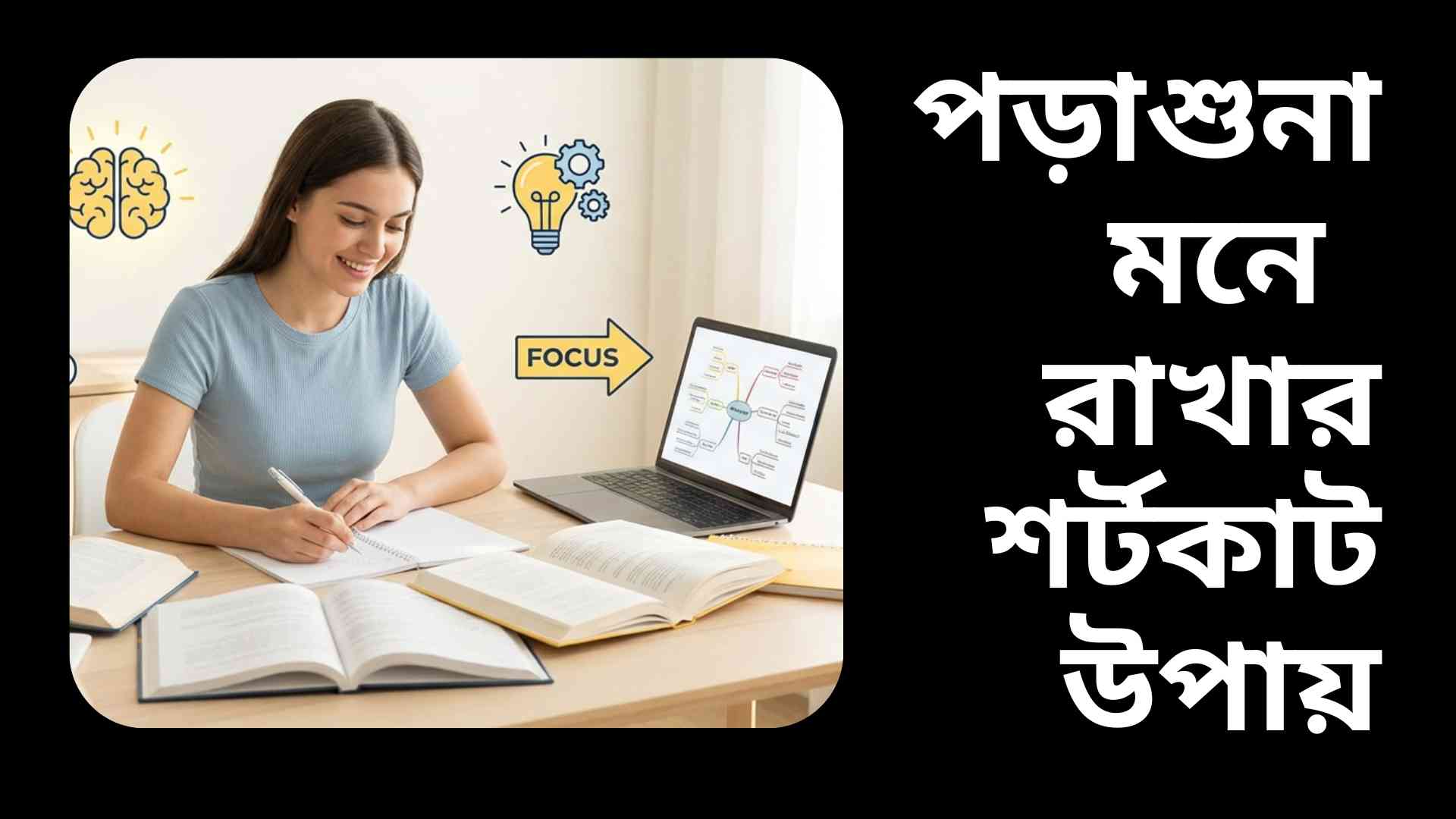 "একজন শিক্ষার্থী মনোযোগ দিয়ে পড়াশোনা করছে, পাশে বই, নোট ও ব্রেইন-মেমরি আইকনসহ শিক্ষামূলক থিমের একটি উজ্জ্বল featured image।"