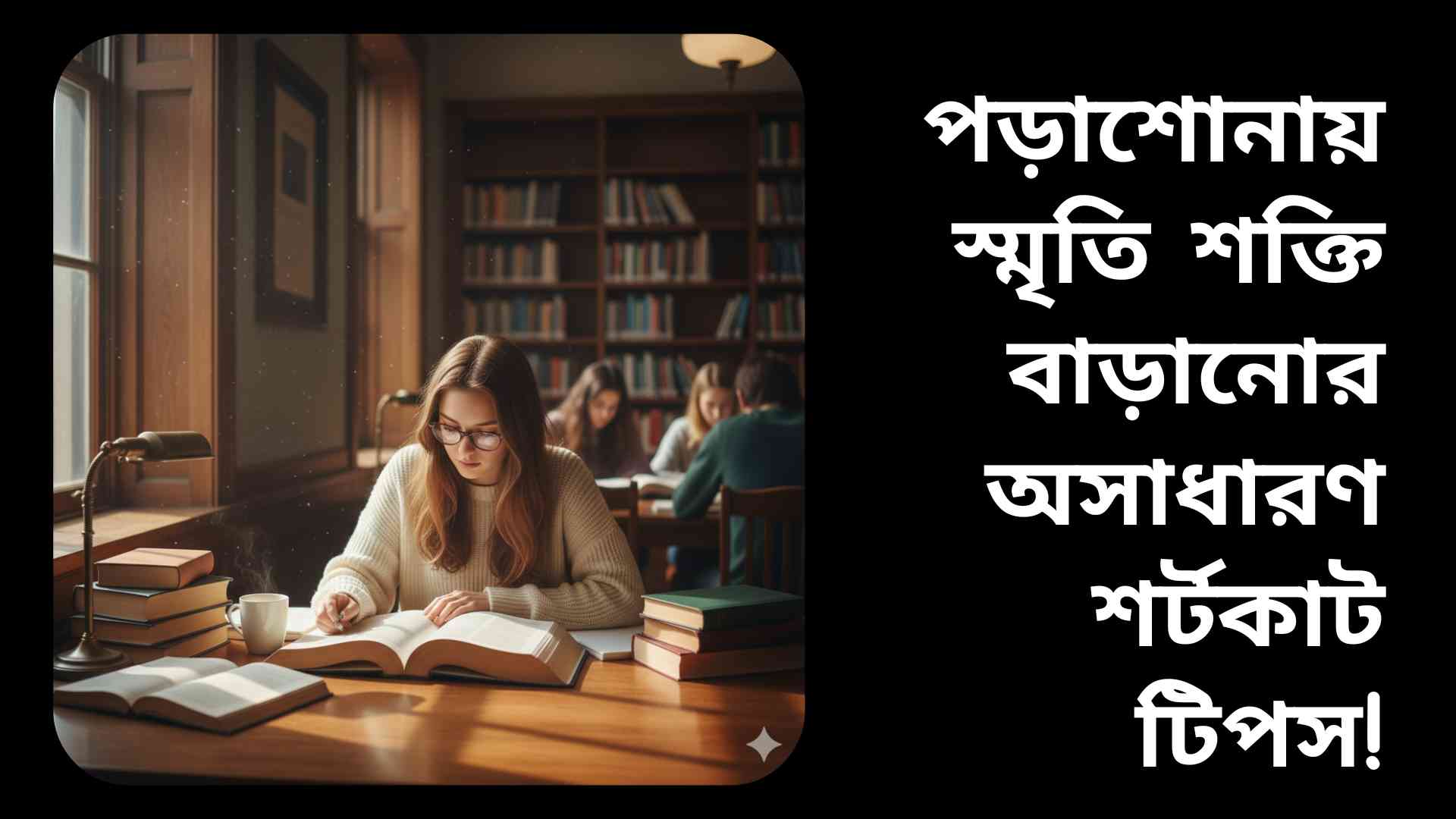 “একজন ছাত্র বই, মান্ডম্যাপ এবং চার্টের মাঝে বসে মনোযোগ দিয়ে পড়াশোনা করছে, স্মৃতি শক্তি উন্নত করার আইকনসহ”