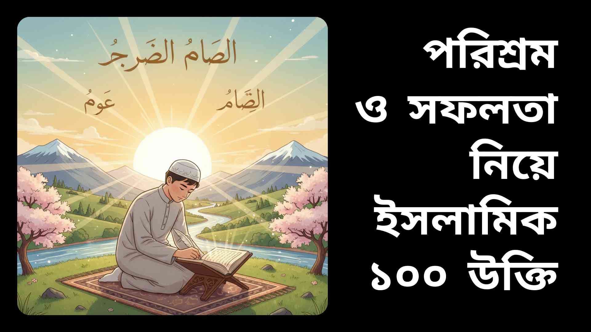 একজন মানুষ পরিশ্রম করছে, সামনে খোলা কোরআন এবং আলো ছড়ানো ইসলামিক পরিবেশে সফলতার প্রতীকী দৃশ্য।