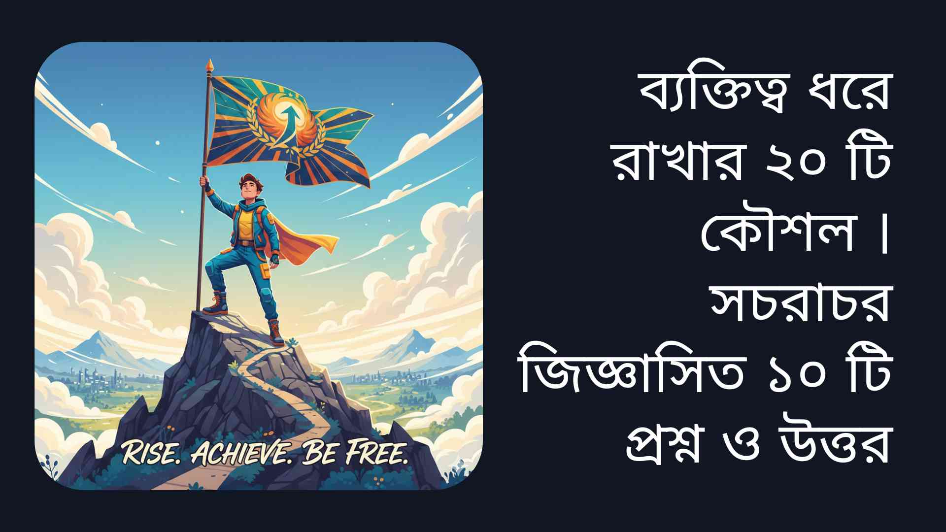স্বাবলম্বী হওয়া প্রকাশ করা একজন আত্মবিশ্বাসী ব্যক্তি পাহাড়ের চূড়ায় দাঁড়িয়ে, সাফল্যের পতাকা ধরছে।