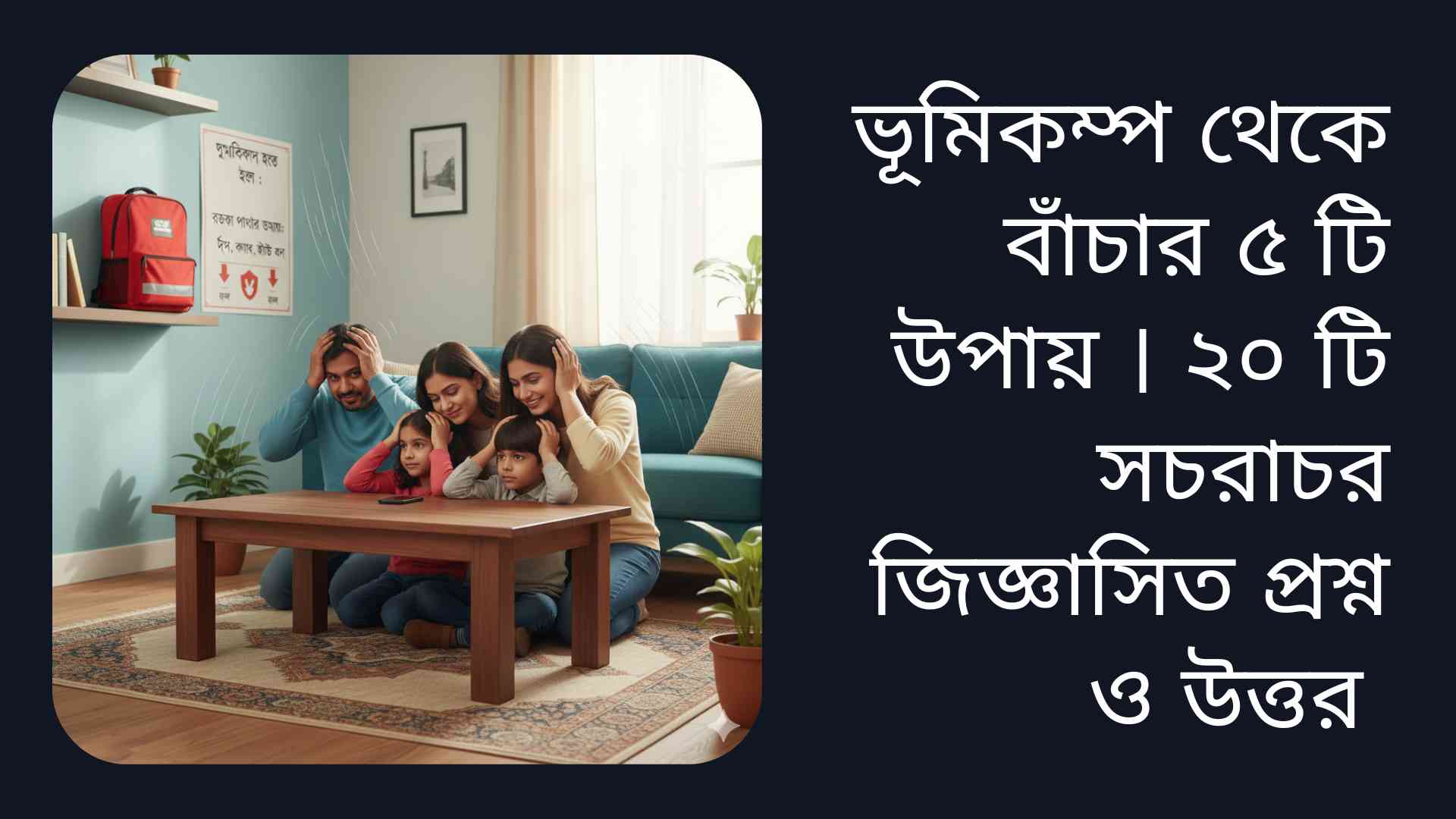 একটি পরিবার ভূমিকম্পের সময় নিরাপদ স্থানে ‘ড্রপ, কাভার, হোল্ড অন’ পদ্ধতি অনুসরণ করছে, পাশে জরুরি কিট রাখা রয়েছে।