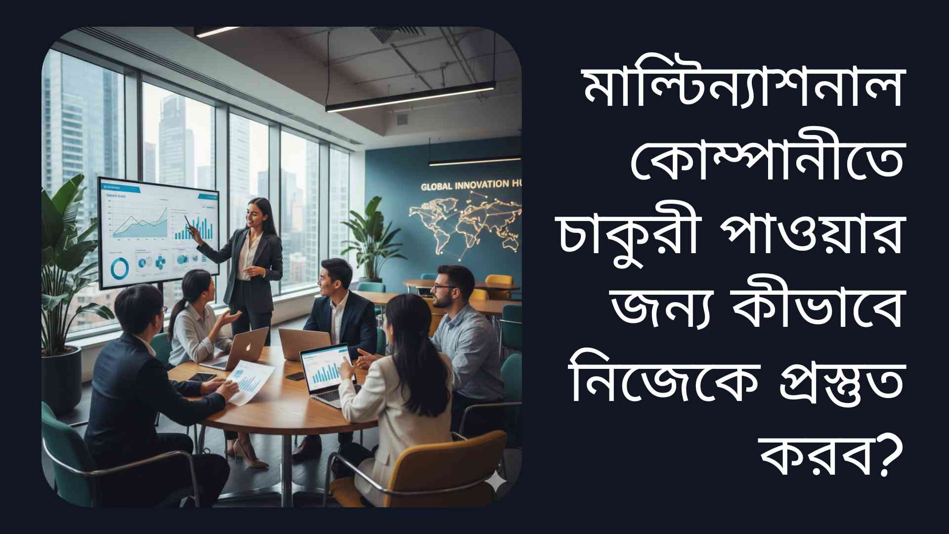 একজন পেশাদার যুবক আধুনিক মাল্টিন্যাশনাল অফিসে কাজ করছে, চারপাশে সহকর্মীরা এবং ল্যাপটপ ও চার্টের মধ্যে সহযোগিতা করছে।
