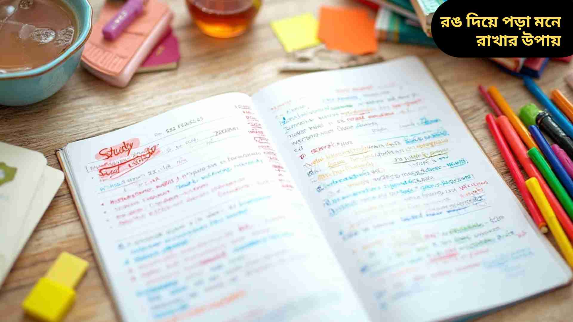 "রঙিন হাইলাইটার, নোটবুক এবং স্টিকি নোট দিয়ে সাজানো পড়াশোনার ডেস্ক, যেখানে গুরুত্বপূর্ণ তথ্য লাল, নীল, সবুজ ও হলুদ রঙে হাইলাইট করা হয়েছে।"