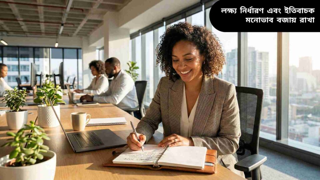 "একজন পেশাদার ব্যক্তি তার লক্ষ্য পরিকল্পনা করছে, অফিসের ডেস্কে বসে হাসছেন, মনোযোগ এবং ইতিবাচকতা প্রকাশ করছে।"