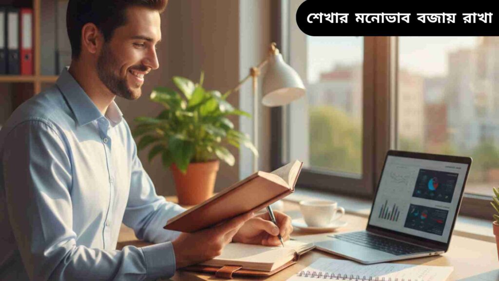 একজন পেশাদার ব্যক্তি অফিসে বই পড়ছে এবং নোট নিচ্ছে, শেখার মনোভাব এবং পজিটিভ মনোভাব প্রদর্শন করছে।