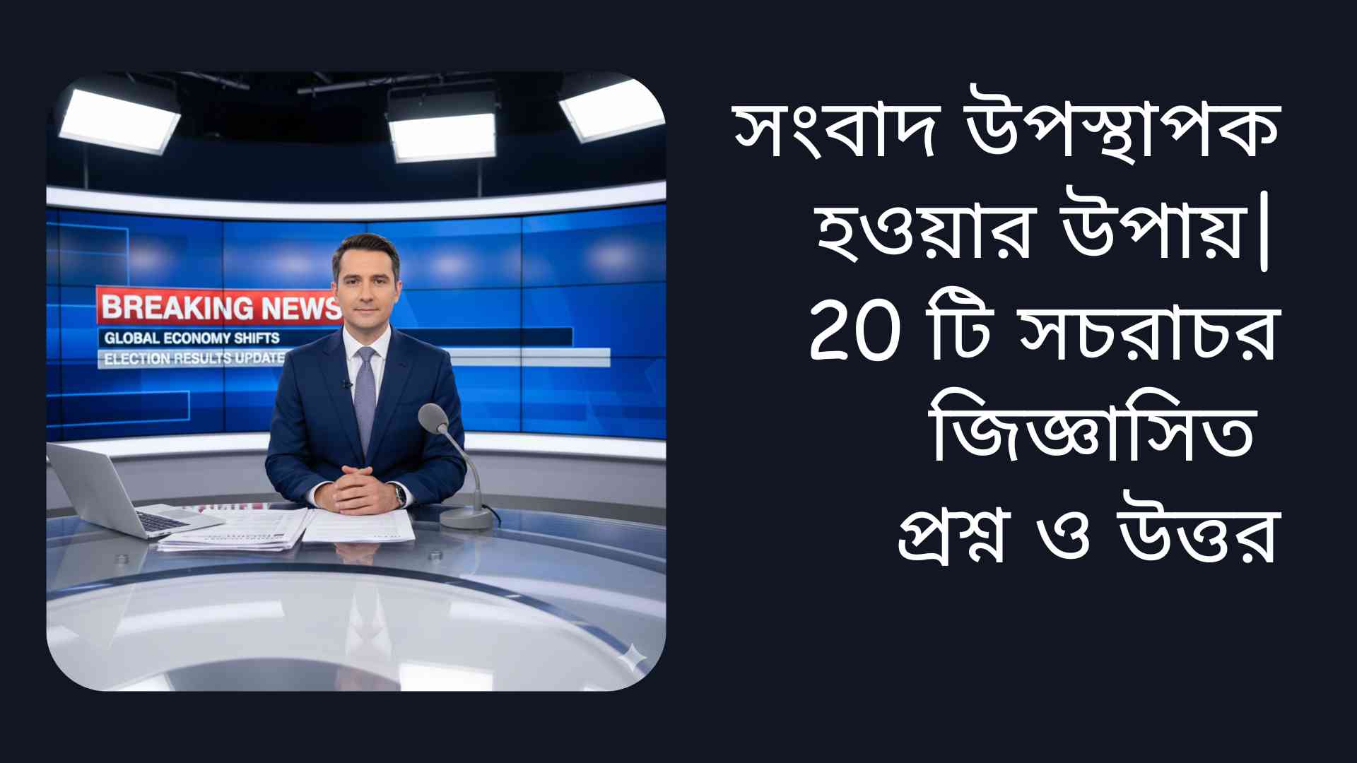 "একজন সংবাদ উপস্থাপক স্টুডিওতে বসে মাইক্রোফোন ও ল্যাপটপসহ খবর উপস্থাপন করছেন, পেছনে বড় ডিজিটাল স্ক্রিনে ব্রেকিং নিউজ দেখাচ্ছে।"