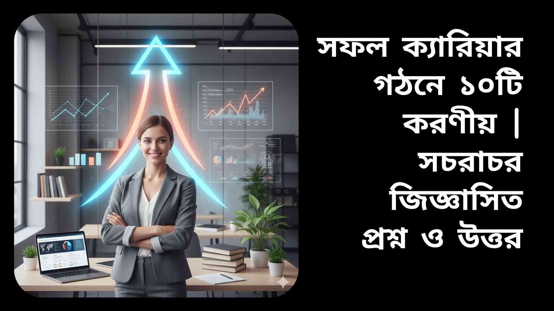 সফল ক্যারিয়ারের লক্ষ্য নিয়ে উজ্জীবিত পেশাজীবী, যিনি অফিসে চারপাশে চার্ট, বই এবং ল্যাপটপ দিয়ে ঘেরা।