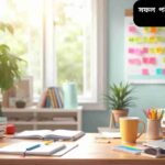 একটি উজ্জ্বল অধ্যয়নের ডেস্ক, যেখানে বই, নোটবুক, রঙিন হাইলাইটার, ল্যাপটপ, স্টিকি নোট এবং কফির কাপ রয়েছে, যা কার্যকর রিভিশন এবং সফল পরীক্ষার কৌশলকে প্রতিফলিত করছে।