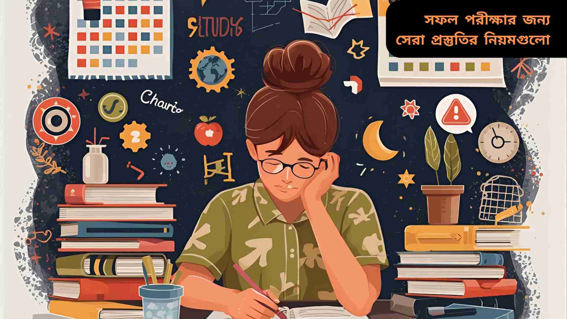 ফোকাসড ছাত্র পড়াশোনায় মনোনিবেশ করছে, চারপাশে বই, নোট এবং স্টাডি প্ল্যান রয়েছে, স্বাস্থ্যকর খাবার এবং ছোট বিরতির চিহ্নসহ।