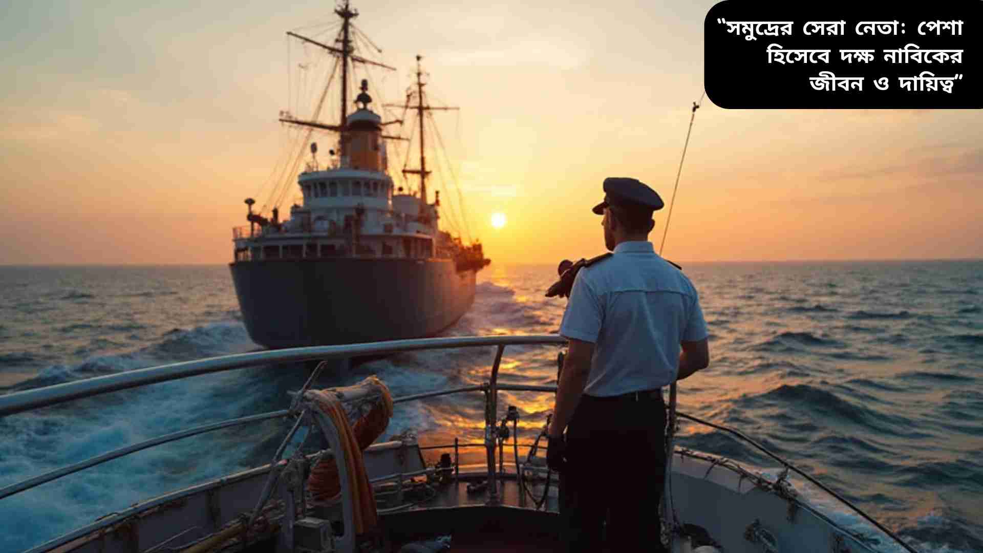 সমুদ্রের মাঝখানে জাহাজ পরিচালনা করছে একজন দক্ষ নাবিক, তার ক্রুদের নেতৃত্ব দিচ্ছে এবং নিরাপত্তা নিশ্চিত করছে।