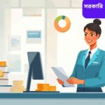 সরকারি ব্যাংকে কর্মরত একজন খুশি ব্যাংক কর্মকর্তা গ্রাহকদের সহায়তা করছেন, যেখানে ডেস্ক, কম্পিউটার ও নোটের স্ট্যাক দেখা যাচ্ছে।